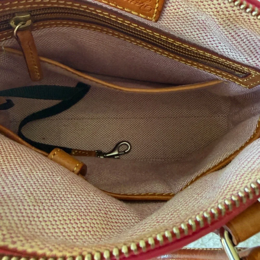 Dooney & Bourke Pink Pebbled Leather Satchel Bag Brown Trim Gold Duck Logo